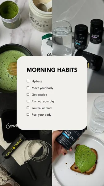Morning habits wellness checklist collage